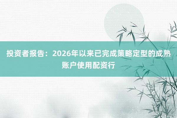 投资者报告：2026年以来已完成策略定型的成熟账户使用配资行